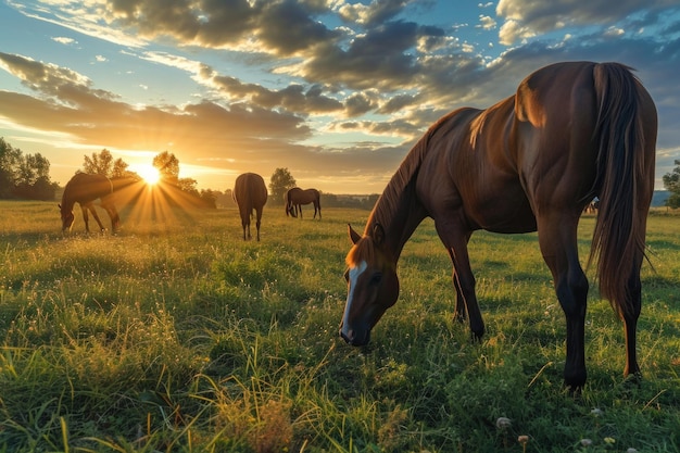 Sunset grazing of Thoroughbred horses