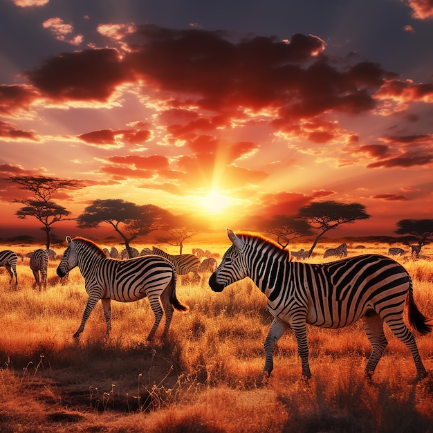 Sunset Grazing Zebra Herd on the Savannah