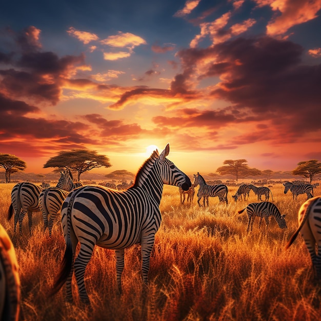 Sunset Grazing Zebra Herd on the Savannah