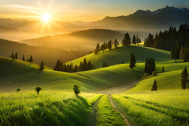 A sunset over a green field with mountains in the background