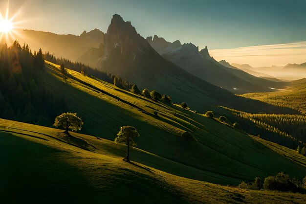 a sunset on a green mountain with a tree in the foreground.