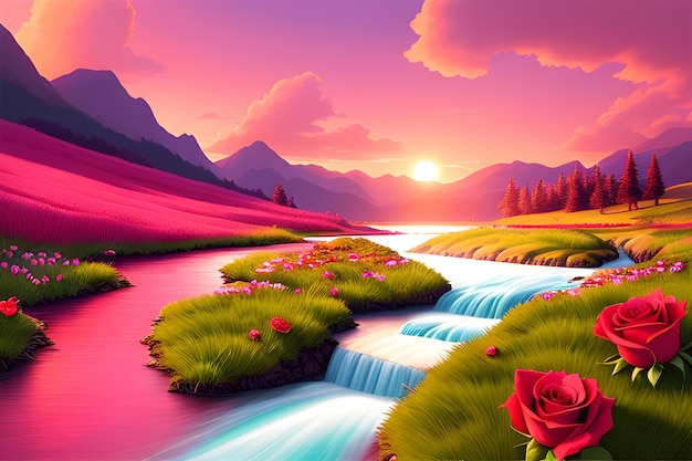 sunset in a green and pink roses landscape