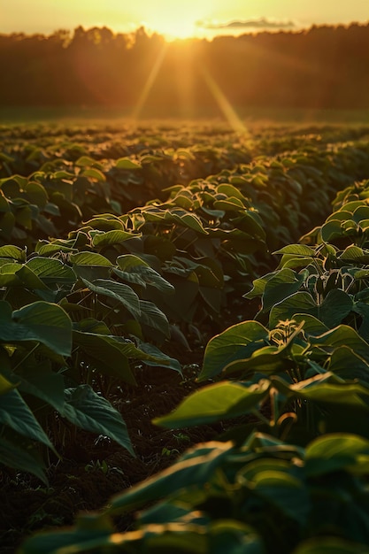 Sunset over a green soybean field Agriculture and farming landscape photography Rural beauty