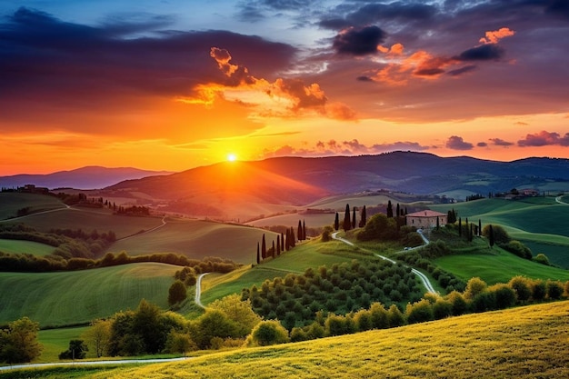 Foto un tramonto su una valle verde con una strada e montagne sullo sfondo