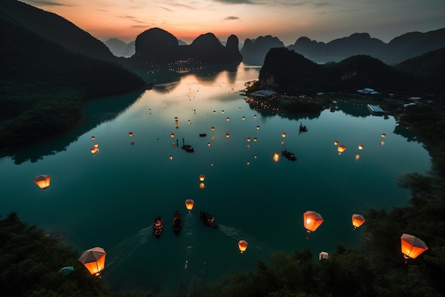 A sunset over halong bay with lanterns floating in the water