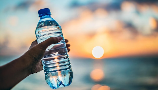 Sunset hand plastic fles water hydratatie milieuvriendelijk milieu behoud natuur sus