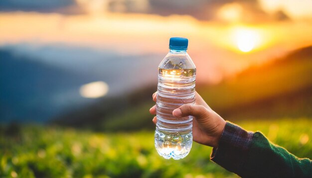 Foto sunset hand plastic fles water hydratatie milieuvriendelijk milieu behoud natuur sus