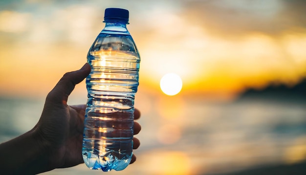 Sunset hand plastic fles water hydratatie milieuvriendelijk milieu behoud natuur sus