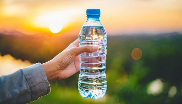 Sunset hand plastic fles water hydratatie milieuvriendelijk milieu behoud natuur sus