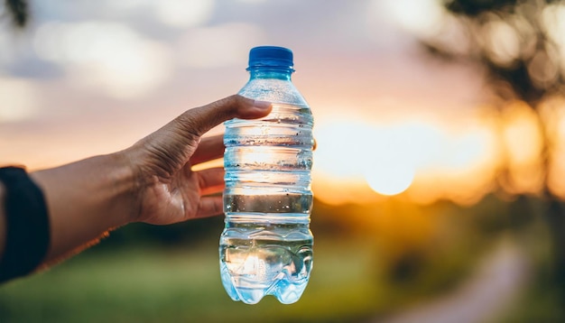 Sunset hand plastic fles water hydratatie milieuvriendelijk milieu behoud natuur sus