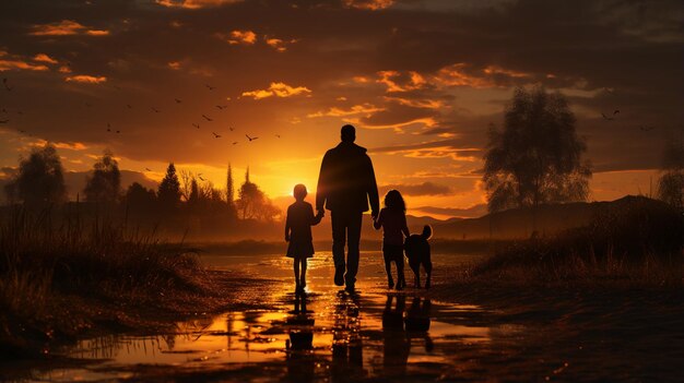 Foto al tramonto una famiglia felice silhouette di persone che escono