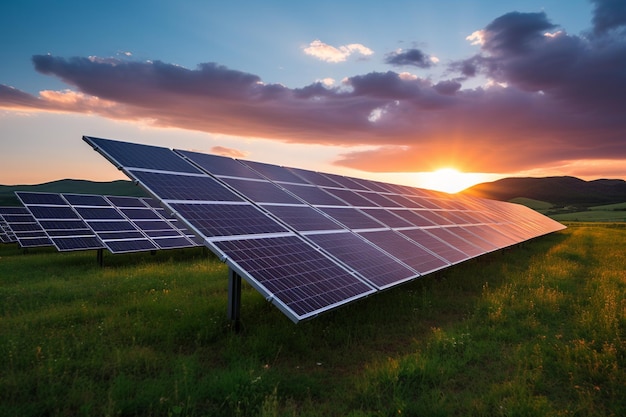 Sunset Harvest Solar Panels on Grassland