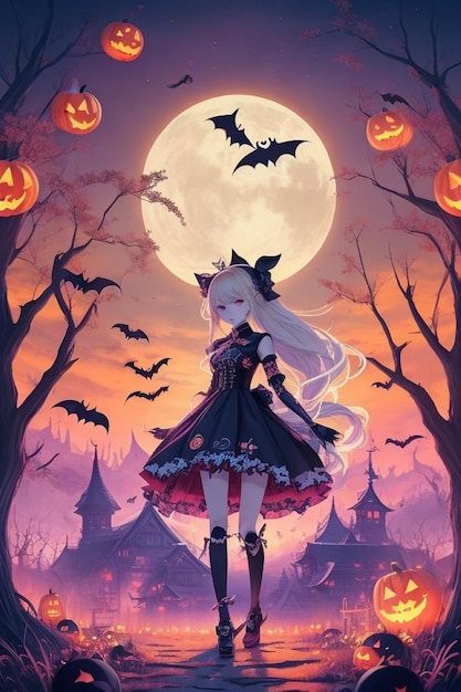 Sunset Haunts Anime Korean Blonde Girl's Spooky Halloween Scene