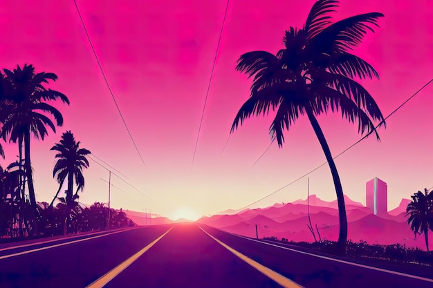 Sunset highway road with palm trees illustration