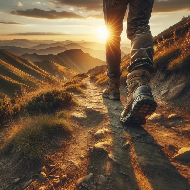 Foto al tramonto gli stivali di un escursionista occupano il centro della scena in un primo piano navigando su una montagna impegnativa.