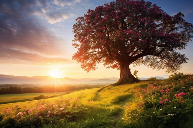 sunset on a hill with a tree and flowers