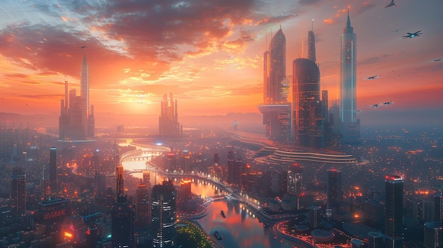 Sunset Horizon over Futuristic Megacity A Vision of Tomorrow