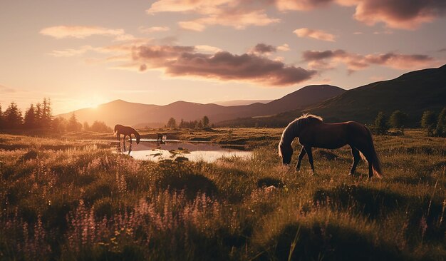 写真 夕暮れの馬が森の真ん中に丘の上に立っています