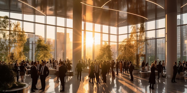 Sunset hues reflected on glass in a busy white office marking the end of a corporate day