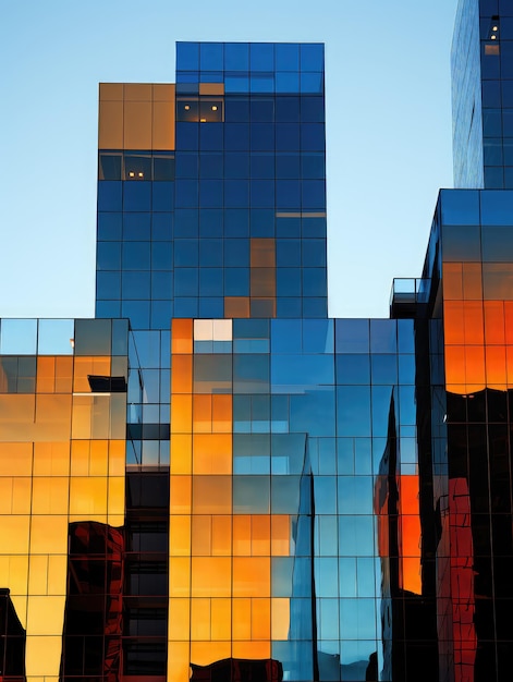 Photo sunset hues reflecting on modern glass architecture