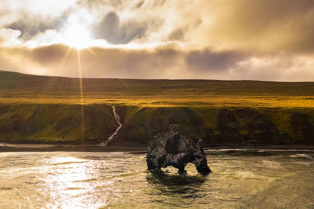 Sunset at the Hvitserkur basalt stack in northern Iceland