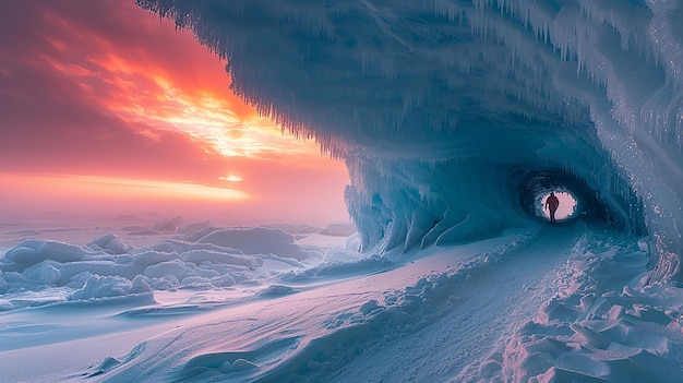 Photo a sunset over an ice cave