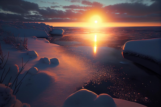 A sunset over the ice with the sun setting behind it