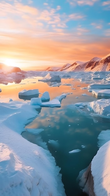 アイスランドの氷山に沈む夕日
