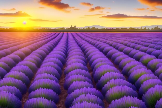 Sunset ignites the sky in fiery reds and oranges painting the endless lavender fields in bold contr