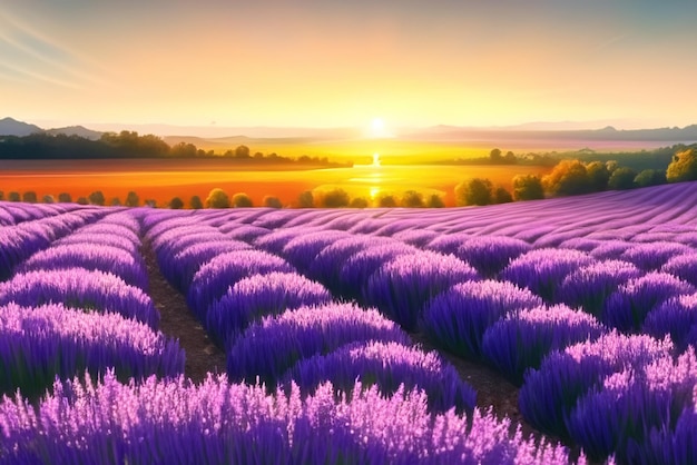 Sunset ignites the sky in fiery reds and oranges painting the endless lavender fields in bold contr