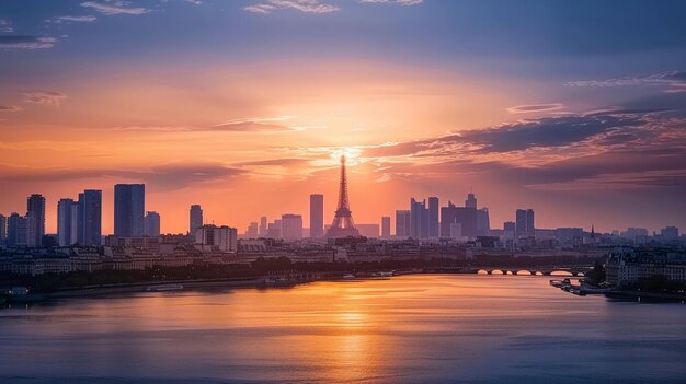 Photo sunset illuminates famous city skyline a romantic view ai generative