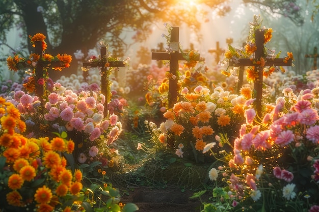 Photo sunset illumination on vibrant flowers decorated cemetery crosses