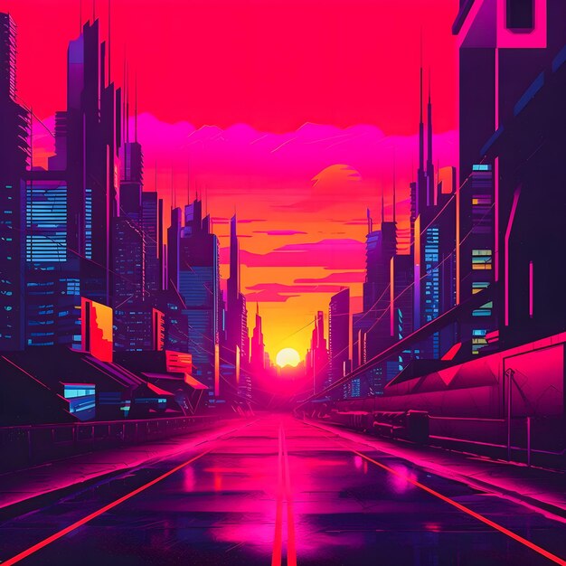 Premium Photo  Synthwave sunset illustration cyberpunk retro neon  background with easy overlook