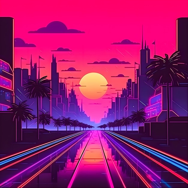 Foto illustrazione del tramonto in cyber synth easy overlook su sfondo al neon retrò