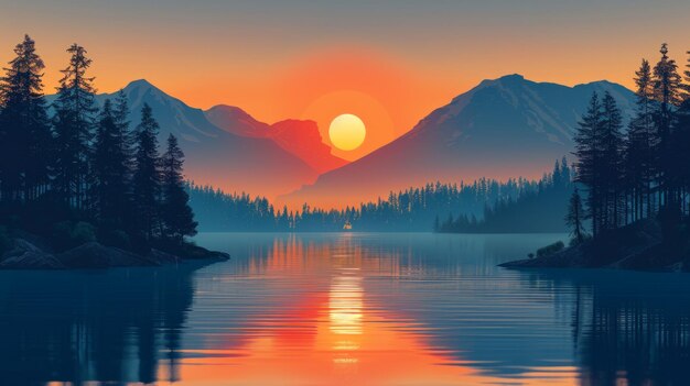 Sunset Illustration with River and Mountains Generative AI