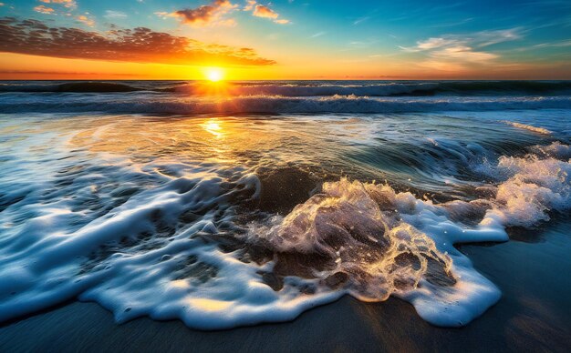 a sunset image of the sand and surf