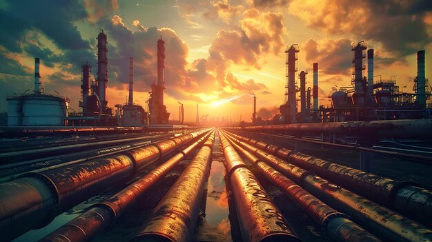 Photo sunset over industrial landscape pipelines leading to refineries warm tones and dynamic sky energy and fuel concept perfect for background use ai