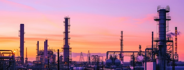 Sunset Over Industrial Petrochemical Plant Panorama