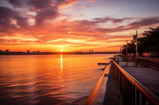 A sunset is over a body of water with a bridge and a city in the background