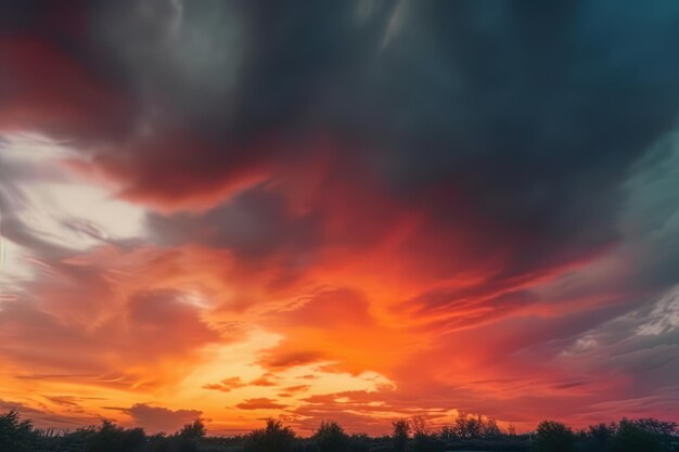Закат над полем в стиле красочной турбулентности темно-бирюзового и красного цвета.