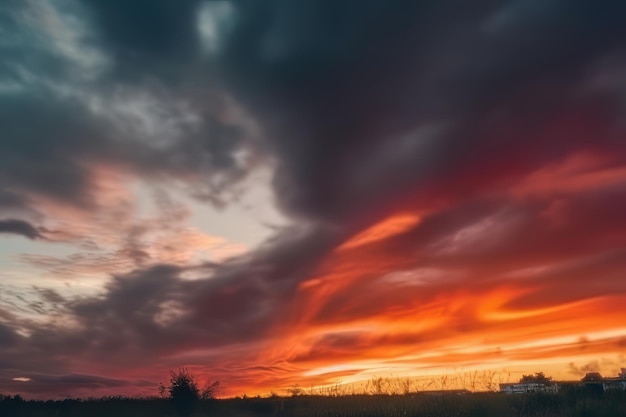 Закат над полем в стиле красочной турбулентности темно-бирюзового и красного цвета.
