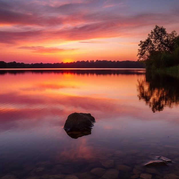 A sunset is reflected in the water and the sky is orange and purple.