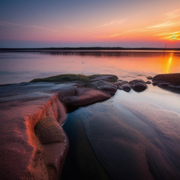 a sunset is reflected on the water and the sky is pink and orange.