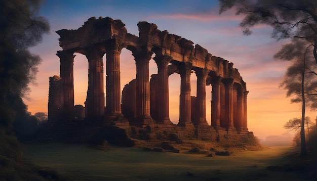 a sunset is over the ruins of an ancient temple