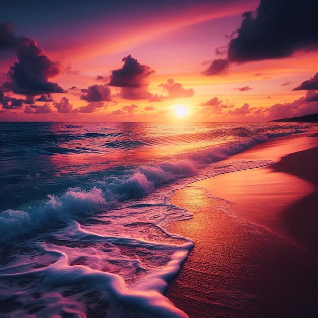 a sunset is shown on the beach and the sun is setting