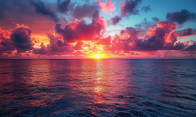 Закат виден над океаном, и солнце садится.