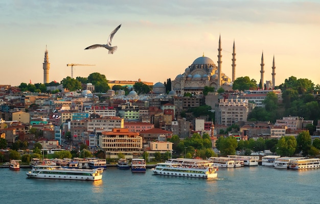 Photo sunset in istanbul city with the view on golden horn bay
