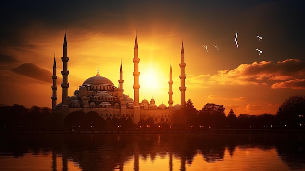 トルコのイスタンブールの夕日、ブルー モスクの見事なシルエットが映える