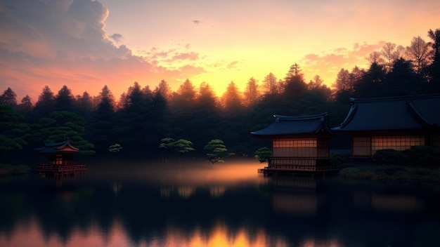 The sunset over a japanese house