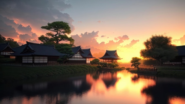 日本家屋に沈む夕日